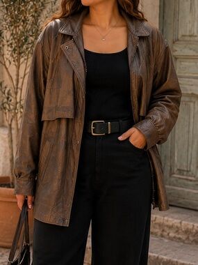 Vintage 80s 90s Oversized Leather Jacket XL Brown Bronze Artsy Grunge Coat Boho
